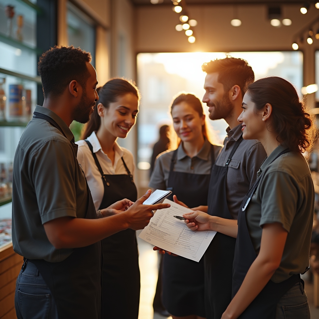 Retail team gathered around a store manager during a morning briefing
